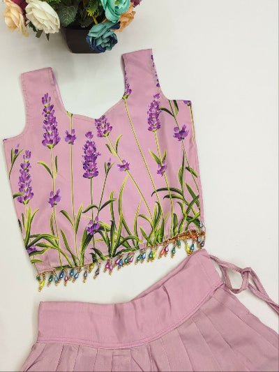 Kids Lavender Muslin Silk Printed Lehenga Blouse - BONYHUBLehangas