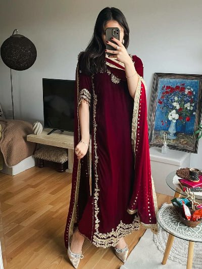 Deep Maroon Velvet Rich Embroidery Work Straight Suit Set - BONYHUBSALWAR KAMEEZ
