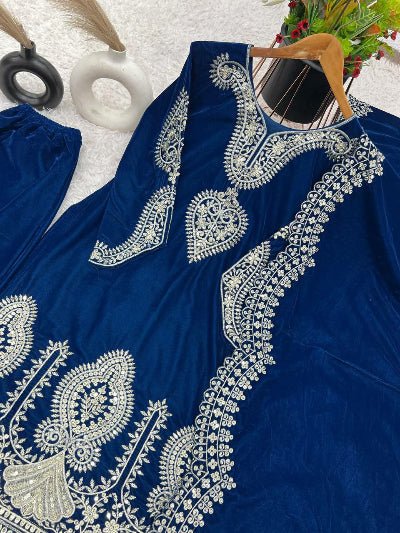 Peacock Blue Velvet Full Sleeves Embroidery Work Suit Set - BONYHUBSALWAR KAMEEZ