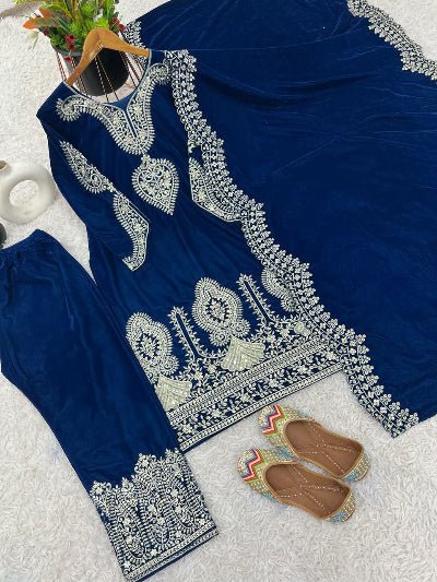 Peacock Blue Velvet Full Sleeves Embroidery Work Suit Set - BONYHUBSALWAR KAMEEZ