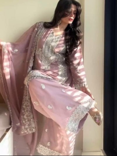 Pastel Pink Georgette Embroidery Pearl Moti Work Sharara Set - BONYHUBSALWAR KAMEEZ