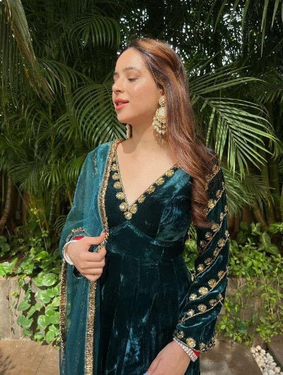 Emerald Blue Velvet Embroidery Gown With Dupatta Set Of 2 - BONYHUBSALWAR KAMEEZ