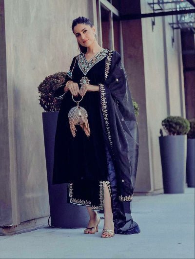 Navy Blue Velvet Embroidery Straight Suit with Organza Dupatta - BONYHUBSALWAR KAMEEZ