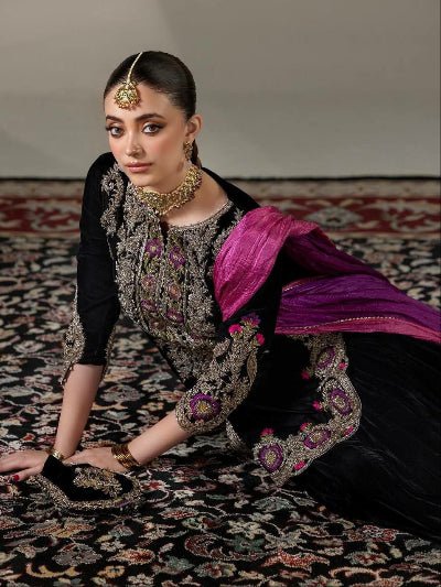 Black Velvet Embroidery Farshi Suit With Free Potli - BONYHUBSALWAR KAMEEZ