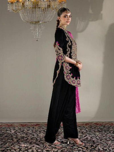 Black Velvet Embroidery Farshi Suit With Free Potli - BONYHUBSALWAR KAMEEZ