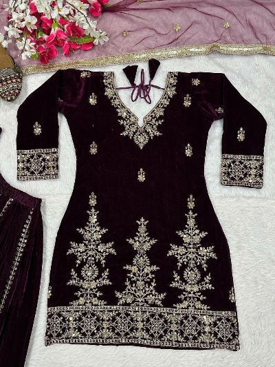 Deep Maroon Velvet Embroidery Work Full Sleeves Sharara Set - BONYHUBSALWAR KAMEEZ