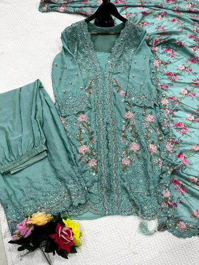 Aarna Sea Green Chinon Silk Embroidery Mirror Work Palazzo Suit - BONYHUBSALWAR KAMEEZ