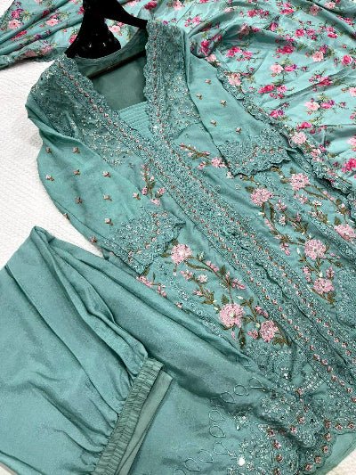 Aarna Sea Green Chinon Silk Embroidery Mirror Work Palazzo Suit - BONYHUBSALWAR KAMEEZ