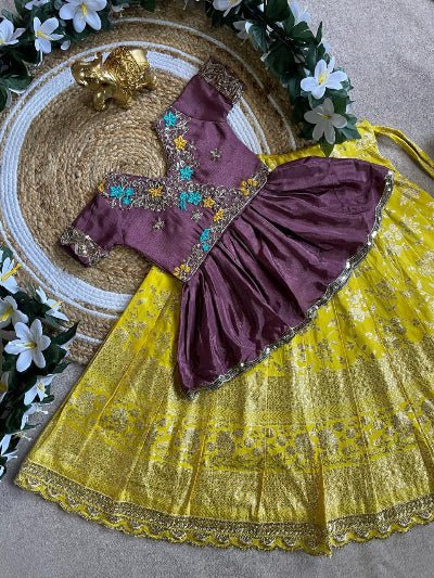 Kids Yellow & Purple Peplum Chinon Silk Lehenga Blouse Set - BONYHUBLehangas