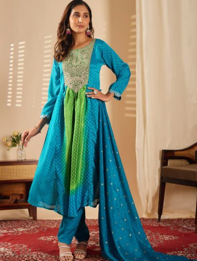 Aqua Blue Green Fusion Bandhani Chinon Silk Anarkali Suit - BONYHUBSALWAR KAMEEZ