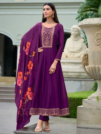 Purple Vichitra Silk Embroidered Anarkali Suit With Floral Dupatta - BONYHUBSALWAR KAMEEZ