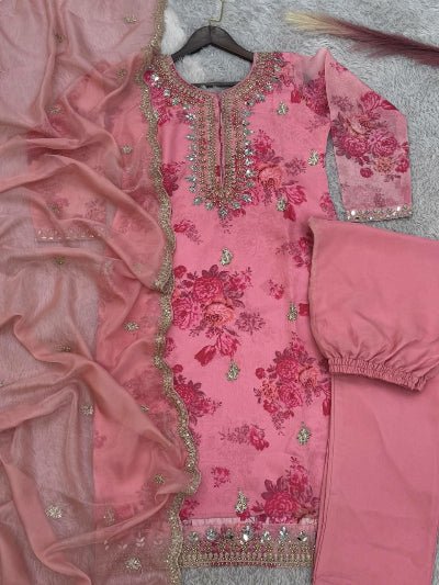 Designer Floral Pure Kundan Organza Mirror Work Salwar Suit - BONYHUBSALWAR KAMEEZ