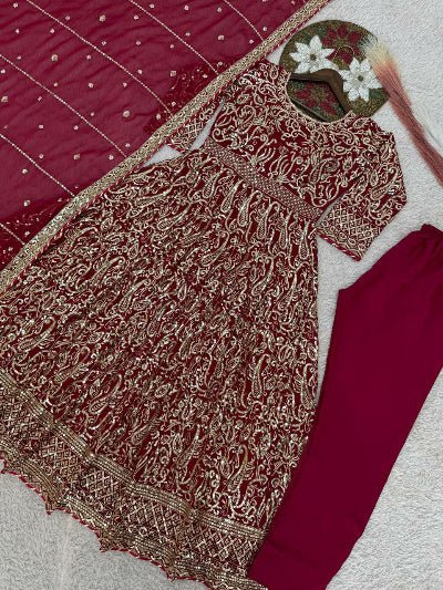 Red Georgette Partywear Embellished Anarkali Gown Suit - BONYHUBSALWAR KAMEEZ