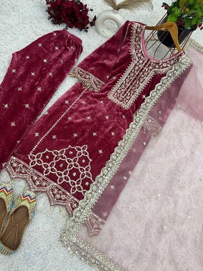 Mauve Pink Luxurious Velvet Embroidery Moti Work Suit - BONYHUBSALWAR KAMEEZ