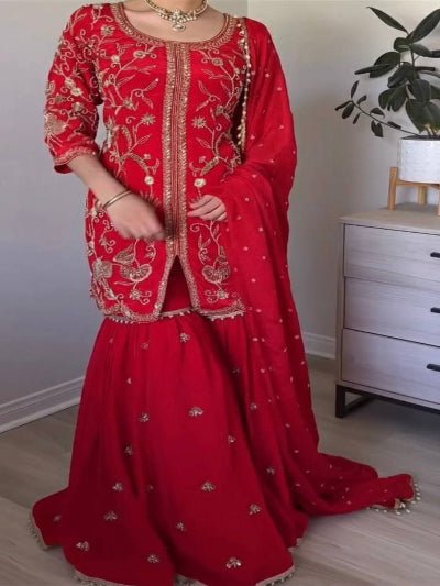 Red Georgette Embroidery Work Full Sleeves Sharara Suit - BONYHUBSALWAR KAMEEZ