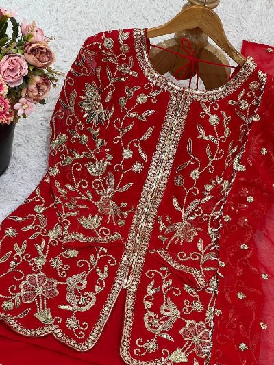 Red Georgette Embroidery Work Full Sleeves Sharara Suit - BONYHUBSALWAR KAMEEZ