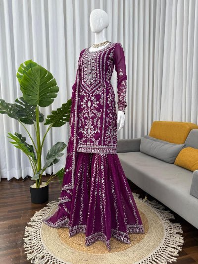 Plum Georgette Sequin Thread Work Work Sharara Set - BONYHUBSALWAR KAMEEZ