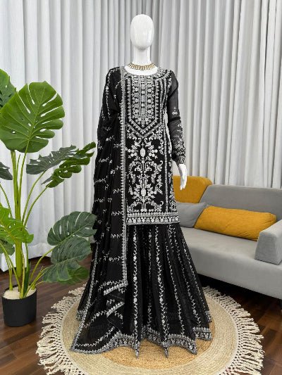 Black Georgette Sequin Thread Work Work Sharara Set - BONYHUBSALWAR KAMEEZ