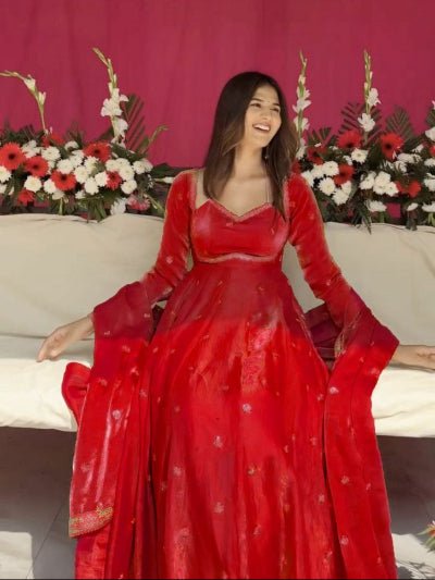 Hot Red Silk Sequin Detailing Anarkali Suit - BONYHUBSALWAR KAMEEZ