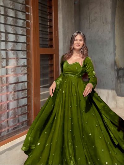 Olive Green Silk Sequin Detailing Anarkali Suit - BONYHUBSALWAR KAMEEZ