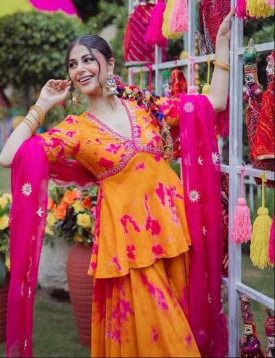 Orange Pink Tie Dye Indian Ethnic Sharara Set - BONYHUBSALWAR KAMEEZ