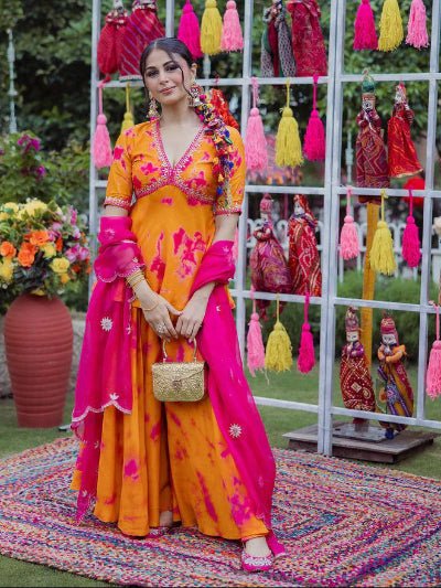 Orange Pink Tie Dye Indian Ethnic Sharara Set - BONYHUBSALWAR KAMEEZ