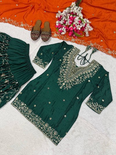 Dark Green & Orange Embroidery Sequins Patiyala Suit - BONYHUBSALWAR KAMEEZ