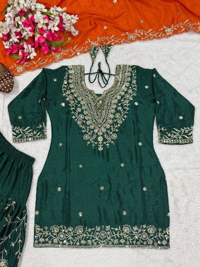 Dark Green & Orange Embroidery Sequins Patiyala Suit - BONYHUBSALWAR KAMEEZ