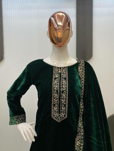 Bottle Green Premium Velvet Embroidered Suit - BONYHUBSALWAR KAMEEZ