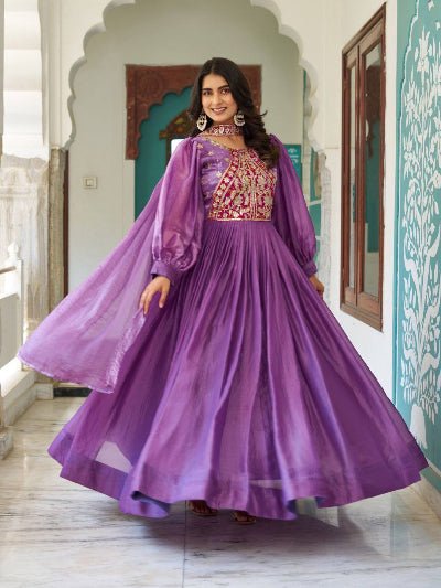 Purple Embroidery Work Gown With Dupatta Set Of 2 - BONYHUBSALWAR KAMEEZ