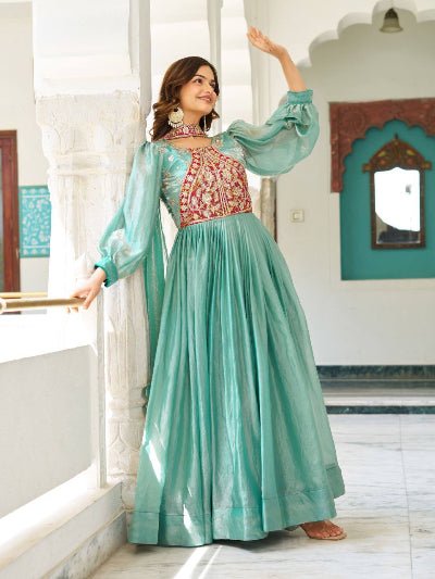 Seagreen Embroidery Work Gown With Dupatta Set Of 2 - BONYHUBSALWAR KAMEEZ