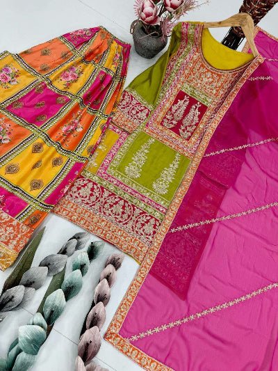Multicolour Royal Chinon Silk Festive Sharara Set - BONYHUBSALWAR KAMEEZ