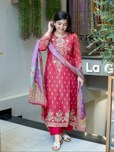 Berry Pink Pure Handwork Katha Embroidery Straight Suit Set - BONYHUBSALWAR KAMEEZ