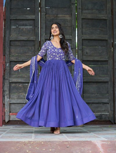Buttercup Blue Embroidery Work Gown With Dupatta Set Of 2 - BONYHUBSALWAR KAMEEZ