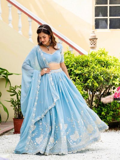 Powder Blue Georgette Embroidery work Lehenga Choli Set - BONYHUBSALWAR KAMEEZ