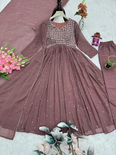 Soft Mauve Brown Georgette Embroidery Anarkali Set - BONYHUBSALWAR KAMEEZ