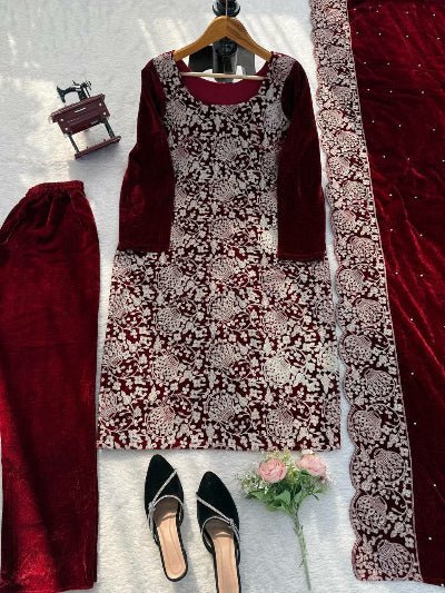 Deep Red Velvet Embroidery Work Straight Suit Set - BONYHUBSALWAR KAMEEZ