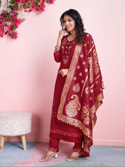 Red Viscous Silk Embroidery Suit Gold Jacquard Dupatta - BONYHUBSALWAR KAMEEZ