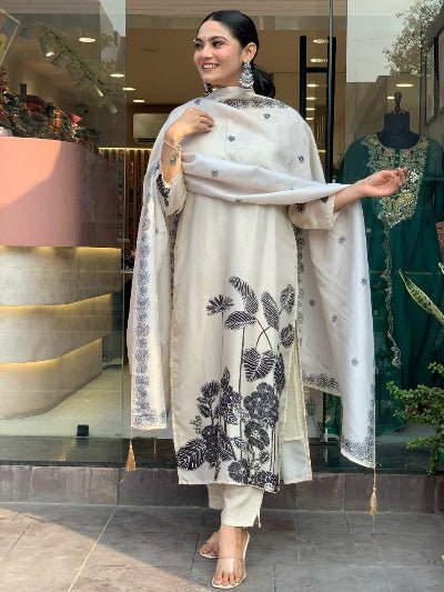 Ivory Cream Chinon Silk Straight Suit Set - BONYHUBSALWAR KAMEEZ