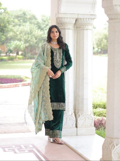 Emerald Green Velvet Zari Embroidery Straight Suit - BONYHUBSALWAR KAMEEZ