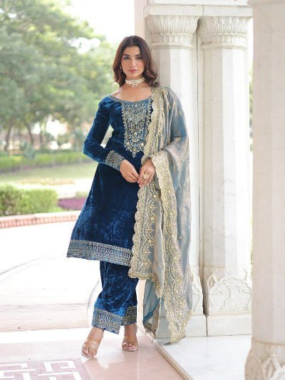 Peacock Blue Velvet Zari Embroidery Straight Suit - BONYHUBSALWAR KAMEEZ