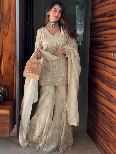 Ivory Embroidery Sequence Work Gharara Suit Set - BONYHUBSALWAR KAMEEZ