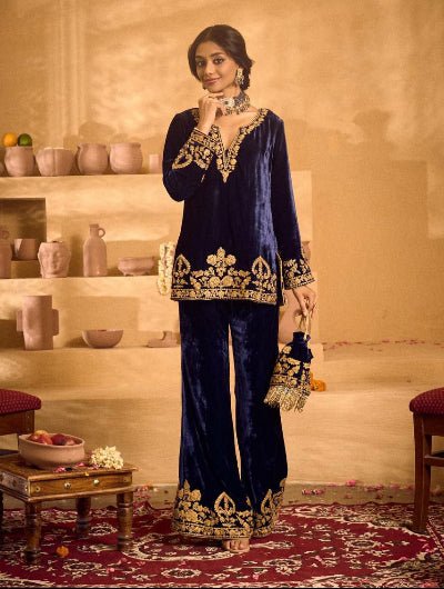 Navy Blue Gold Velvet Embroidery Kurti Pant Set Of 2 - BONYHUBSALWAR KAMEEZ