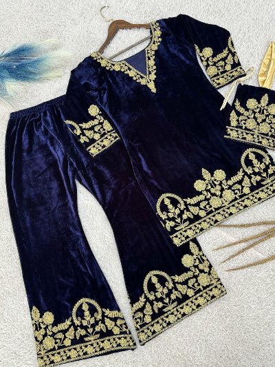 Navy Blue Gold Velvet Embroidery Kurti Pant Set Of 2 - BONYHUBSALWAR KAMEEZ