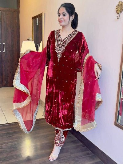 Red Velvet Embroidery Moti Work Suit - BONYHUBSALWAR KAMEEZ