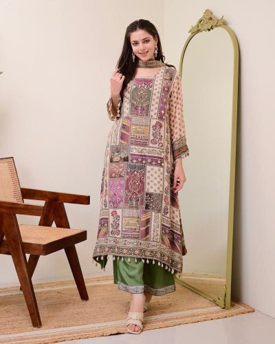 Green Printed Pure Chinon Flowy Salwar Suit Set - BONYHUBSALWAR KAMEEZ