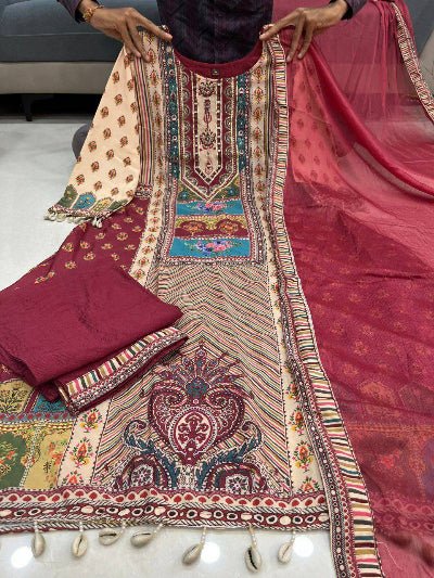 Maroon Printed Pure Chinon Flowy Salwar Suit Set - BONYHUBSALWAR KAMEEZ