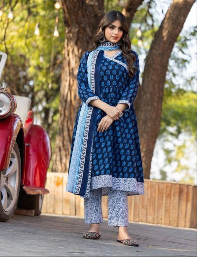 Navy Blue Cotton Angharakha Style Anarkali Suit Set - BONYHUBSALWAR KAMEEZ