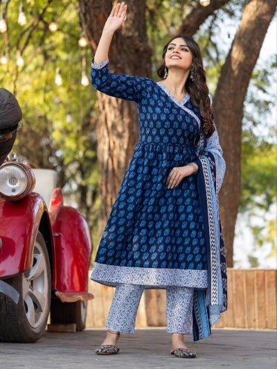 Navy Blue Cotton Angharakha Style Anarkali Suit Set - BONYHUBSALWAR KAMEEZ