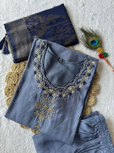 Powder Blue Handwork Roman Silk Salwar Suit Set - BONYHUBSALWAR KAMEEZ